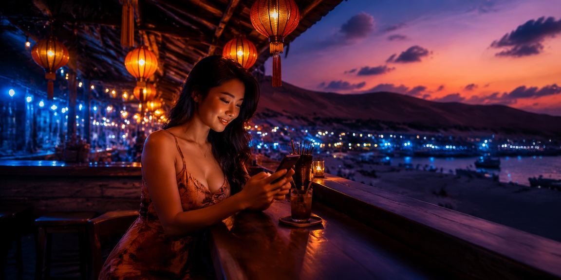 Người dùng truy cập casino trên di động tại chợ đêm Mũi Né